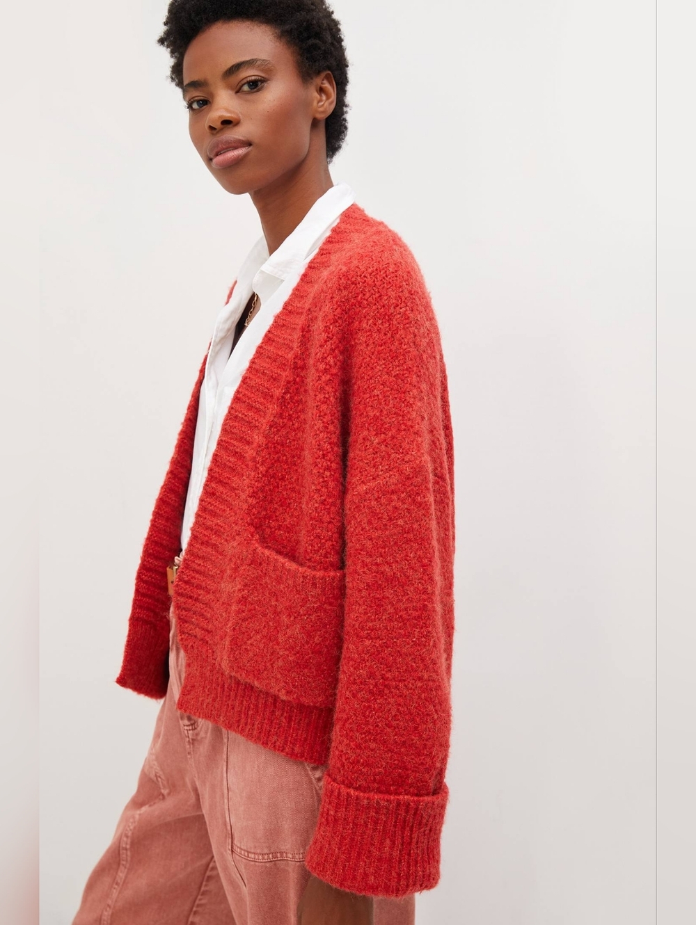 Anthropologie Pilcro Oversized Cuffed Cardigan OS Orange Red - Picture 3 of 11